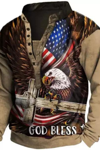 Men's Casual Shirt American Flag Eagle Print Zipper Plush Stand Collar Vintage Sweatshirt