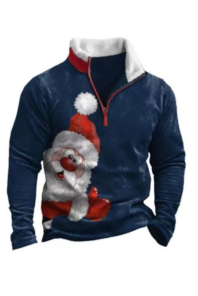 Men's Christmas Print Zipper Plush Stand Collar Vintage Sweatshirt