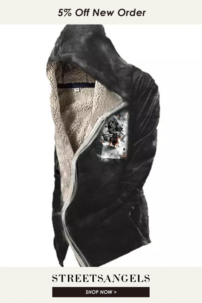 Men's Vintage Hoodie Poker Skull Print Zip Up Jacket