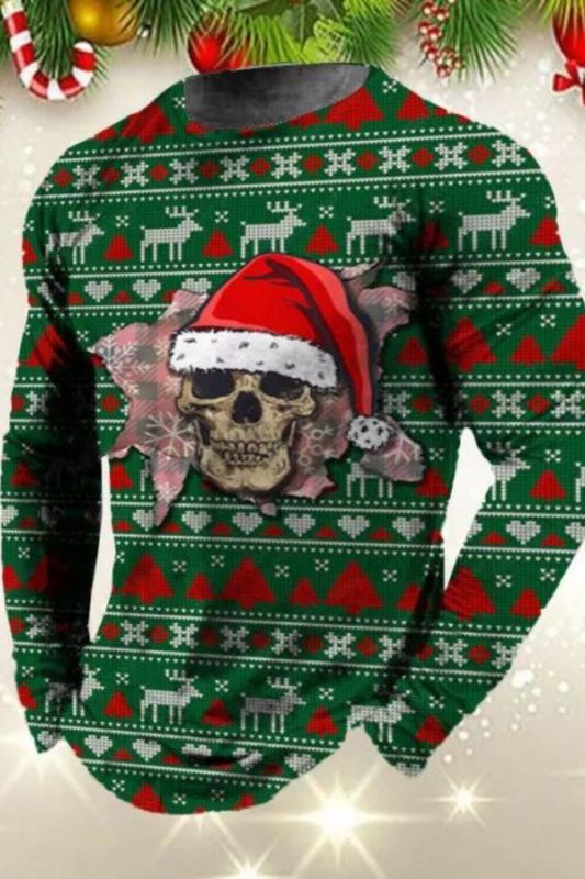 Men's Ugly Christmas Pattern Skull Print Long Sleeve T-Shirt