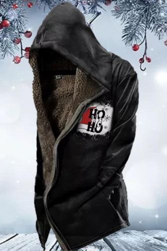 Men Christmas Plush Zipper Closure Snowflake Letter Print Coat