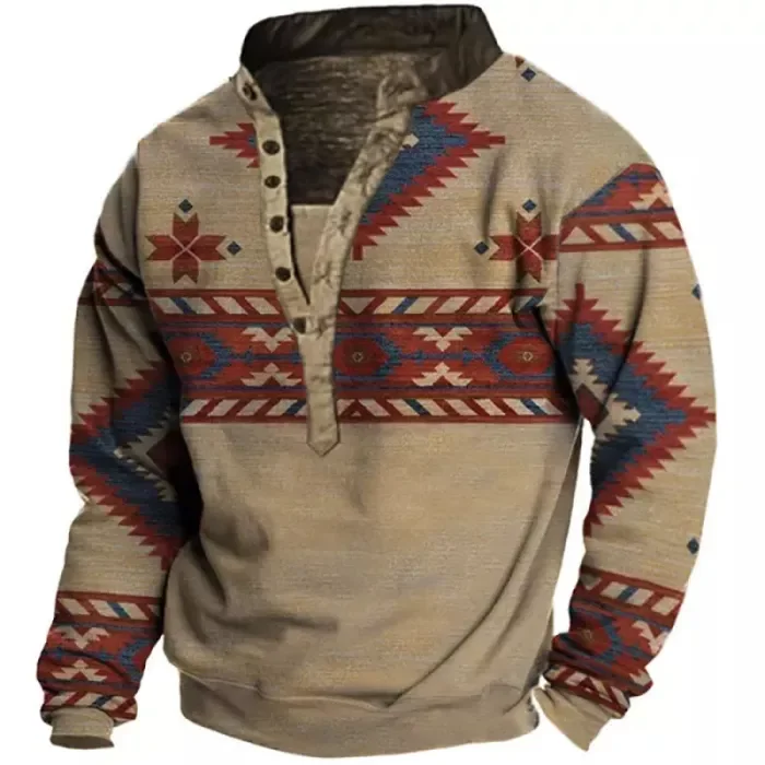 Mens Ethnic Print Henley Collar Sweatshirt