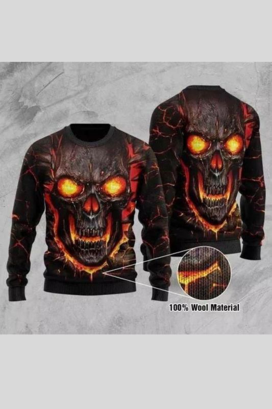 Men Christmas Fire Print Vintage Crew Neck Knitted Sweater