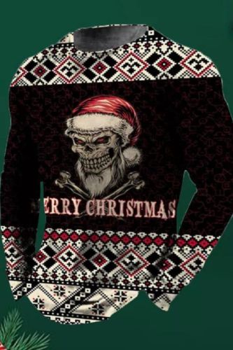 Men's Ugly Christmas Skull Santa Merry Printed Sweatshirts