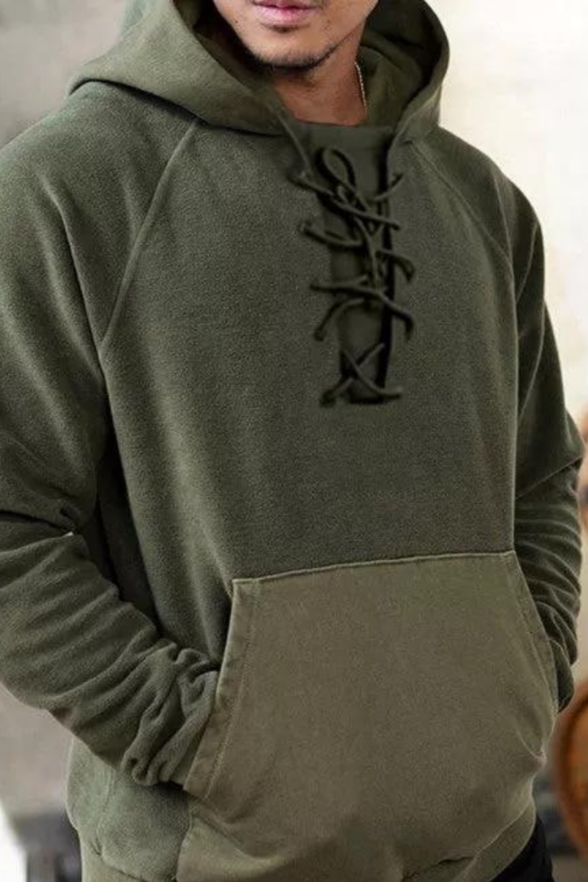 Men's Casual Lace-Up Solid Color Pullover Hoodie