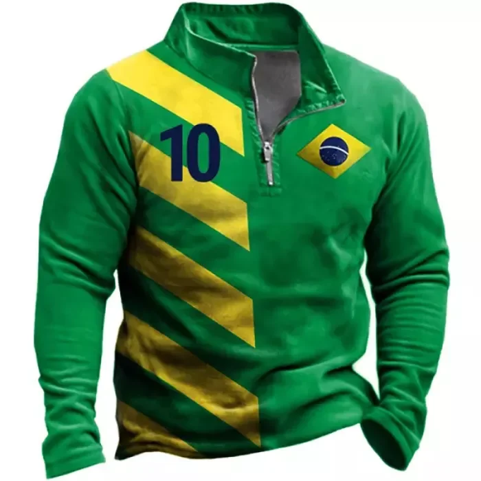 Mens Brazil Flag Soccer Print Zipper Stand Collar  Long Sleeve T-Shirt