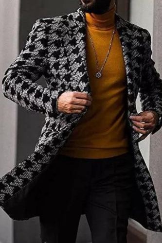 Men's Houndstooth Long Coat Single Breasted Business Casual Overcoat