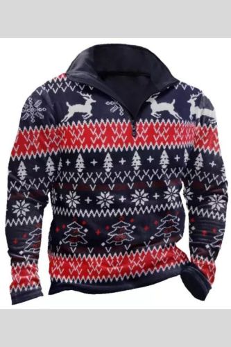 Men Christmas Shirt All Over Print Zipper Stand Collar Vintage Label Sweatshirt