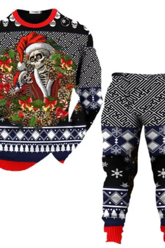 Men's Pullover Top Santa Christmas Skull Tribal Pattern Printed Long Sleeve Round Neck Shirt Pants Matching Set