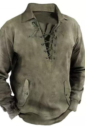 Mens Vintage Outdoor Tactical Lace-Up Polo Sweatshirt