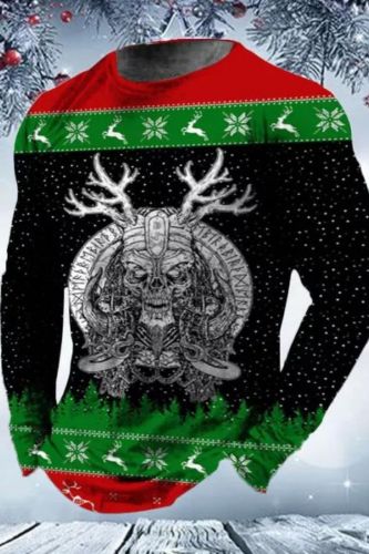 Men's Ugly Christmas Skull Deer Printed Colorblock Long Sleeve T-Shirt