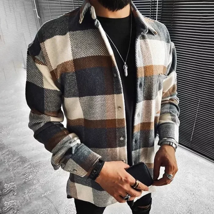 Mens Checked Textured Shirt Button Up Jacket