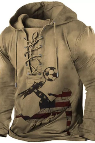 Mens Outdoor American Flag Soccer Print Lace-Up Hoodie