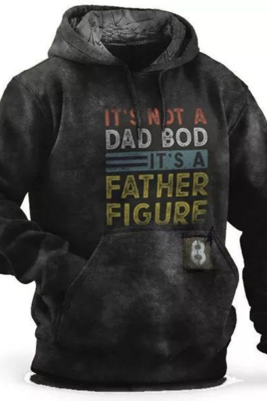 Men Sweatshirt Plush Hooded Father Figure Letter Print Drawstring Pocket Vintage Hoodie