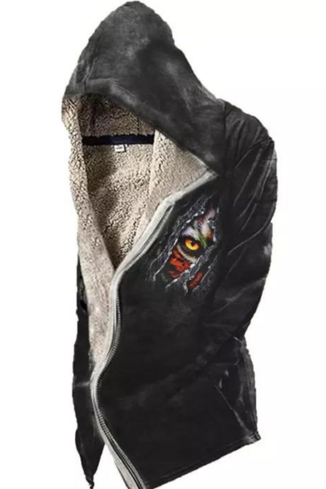 Men's Vintage Tiger Eye Print Zipper Pockets Hoodie Jacket