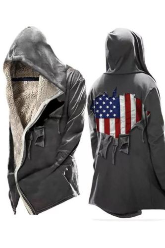 Mens Vintage Hoodie Fleece American Flag Print Zipper Jacket