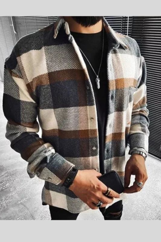 Mens Checked Textured Shirt Button Up Jacket