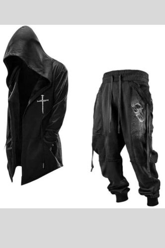 Men's Retro Hoodie Pocket cross Print Coat Two Pieces Trousers Pants Set