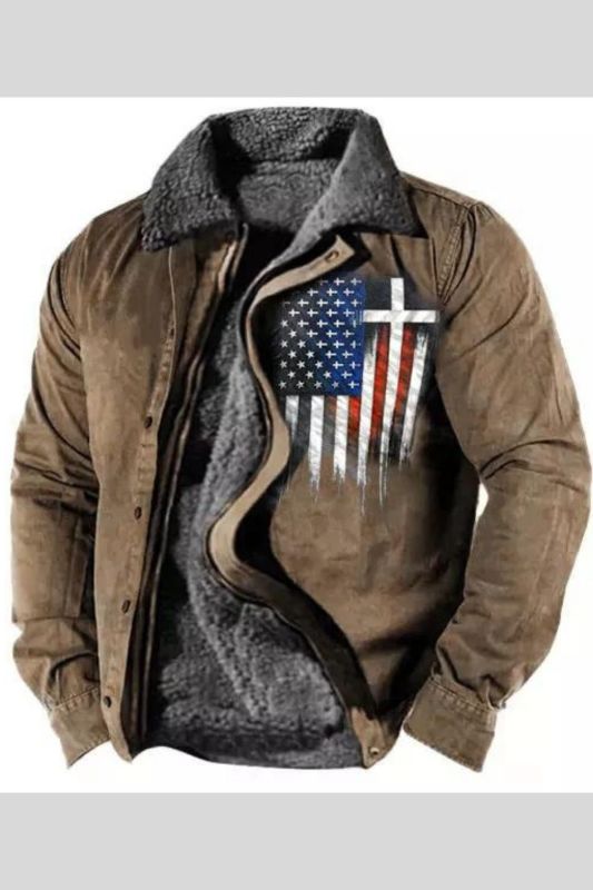 Men Coat Plush Zipper Turndown Collar False Two-Piece American Flag Cross Print Vintage Jacket