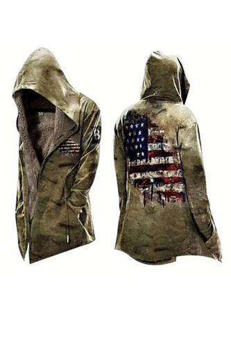 Men's Vintage Hoodie American Flag Print Fleece Jacket