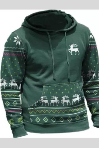 Men Christmas Sweatshirt Elk Print Reindeer Graphic Drawstring Vintage Pocket Hoodie