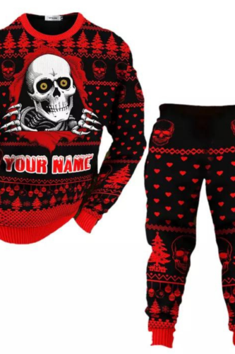 Men's Pullover Top Skull Ethnic Pattern Printed Round Neck Long Sleeve Shirt Pants Matching Set