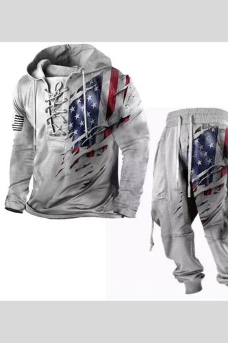 Mens Hooded Lace Up American Flag Graphic Print Sweatshirt Elastic Pants Two Piece Set
