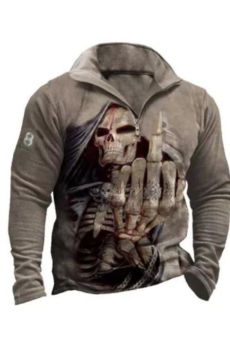 Men's Retro Shirt Templar Zipper Half Collar Skull Middle Finger Print Tactical Sweatshirt