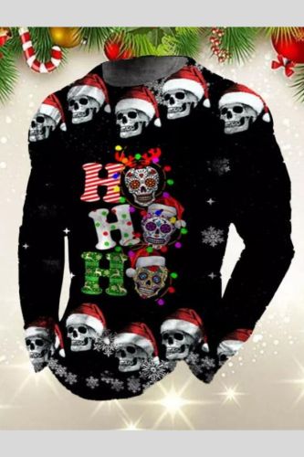 Men's Ugly Christmas Tees Skull Printed Crew Neck Long Sleeve T-Shirt