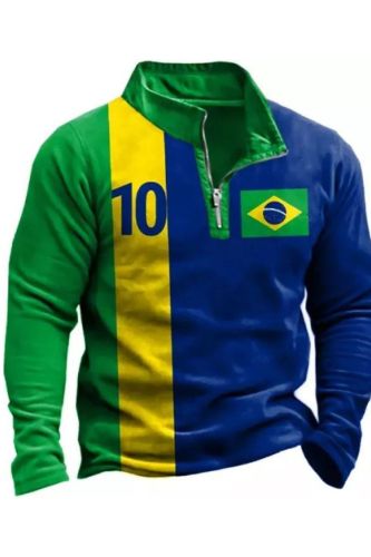 Mens Brazil Flag Soccer Print Zipper Stand Collar  Long Sleeve T-Shirt