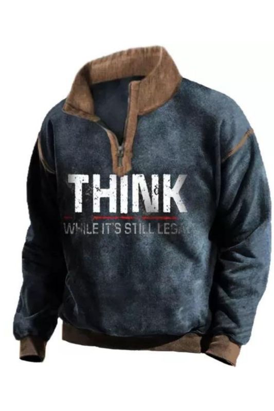 Men's Retro Shirt Templar Think Print Zipper Half Collar Long Sleeve Tactical Sweatshirt