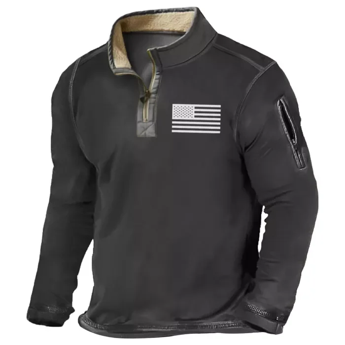 Men Woolly Collar Zipper USA Flag Print Sweatshirts