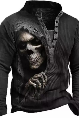 Men Vintage 3D Skull Printed Henley Collar Sweatshirt