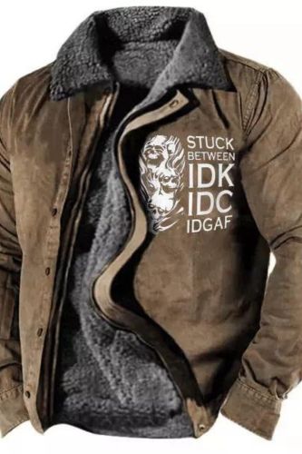 Men Coat Plush Lapel Collar IDK IDC Letter Print Zipper Vintage Jacket