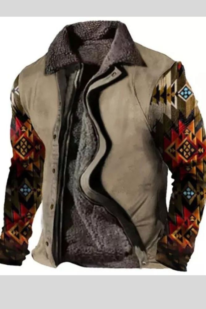 Mens Retro Lining Plus Fleece Zipper Jacket Tactical Print Coat