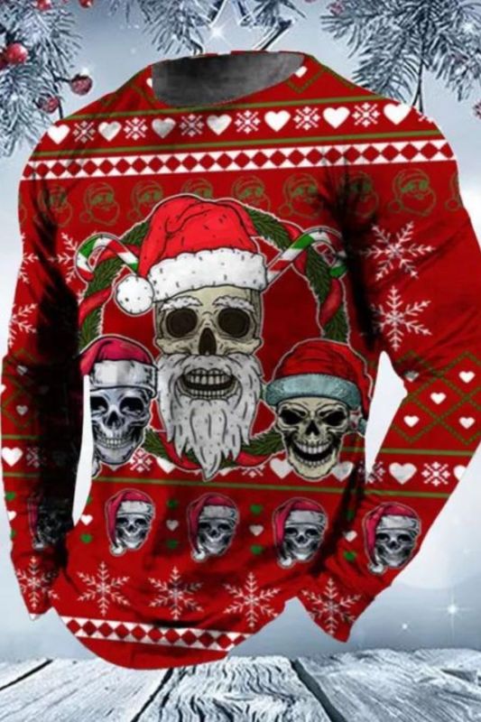 Men's Christmas Skulls Printed Crew Neck Long Sleeve T-Shirt