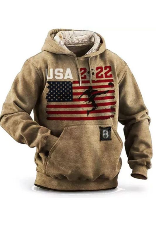 Men's Pullover Hoodie Soccer American Flag Printed Warm Sweatshirt