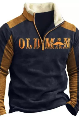 Mens Outdoor Colorblock Old Man Print Stand Collar Zipper Pullover Sweatshirt