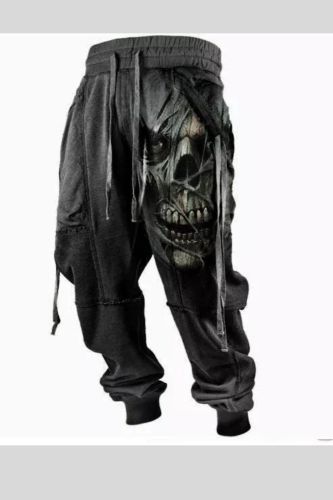 Mens 3D Skull Print Comfortable Wear-Resistant Drawstring Sweatpants