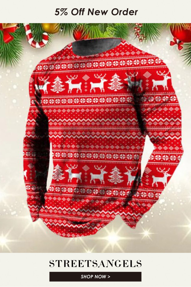 Men's Ugly Christmas Funny Tees Elk Printed Long Sleeve Sweatshirts