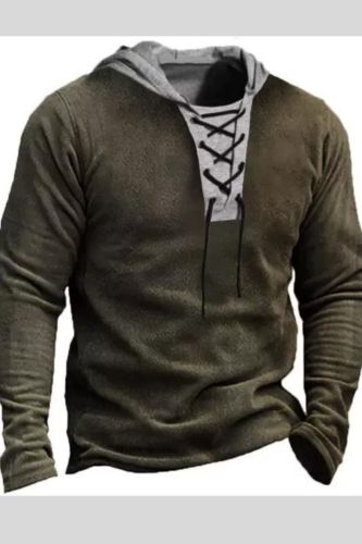 Men's Retro Casual Long Sleeve Lace Up Hooded Sweatshirt