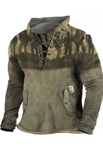Men's Army Green Stand Collar Print Drawstring Sweatshirts