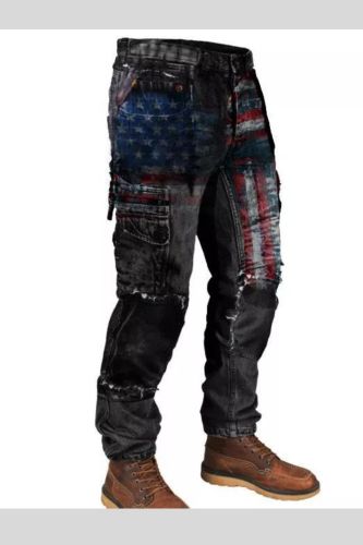 Mens American Flag Print Outdoor Wear-Resistant Army Pants