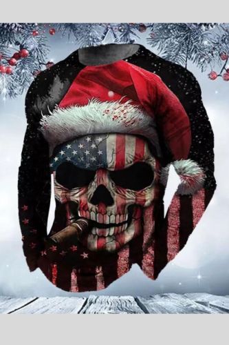 Men's Ugly Christmas American Flag Skull Printed Long Sleeve T-Shirt