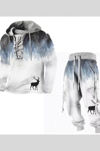 Men's Hoodie Pocket Lace Up Gradient Graphic Print Henley Shirt Two Pieces Trousers Pants Set