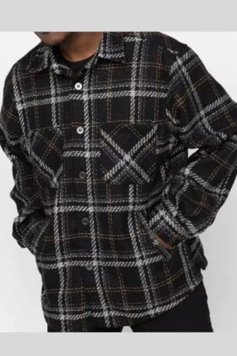 Men's Long Sleeve Black Plaid Flannel Shirt Jacket Shacket
