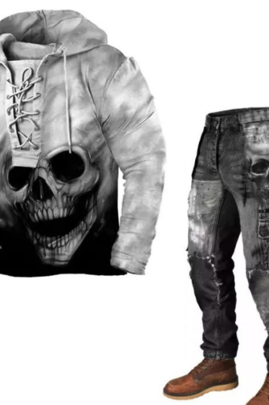 Men's Vintage Hoodie Lace Up Skull Print Gradient Henley Shirt Trousers Pants Matching Set