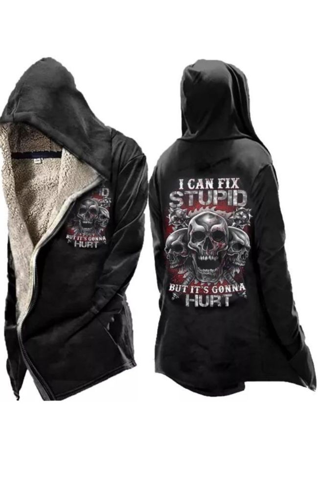 Men Plush Zipper Skull Letter Print Pocket Hooded Coat