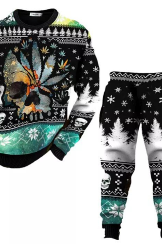 Men's Pullover Top Skull Leaf Tribal Graphic Printed Long Sleeve Round Neck Shirt Matching Pants Set