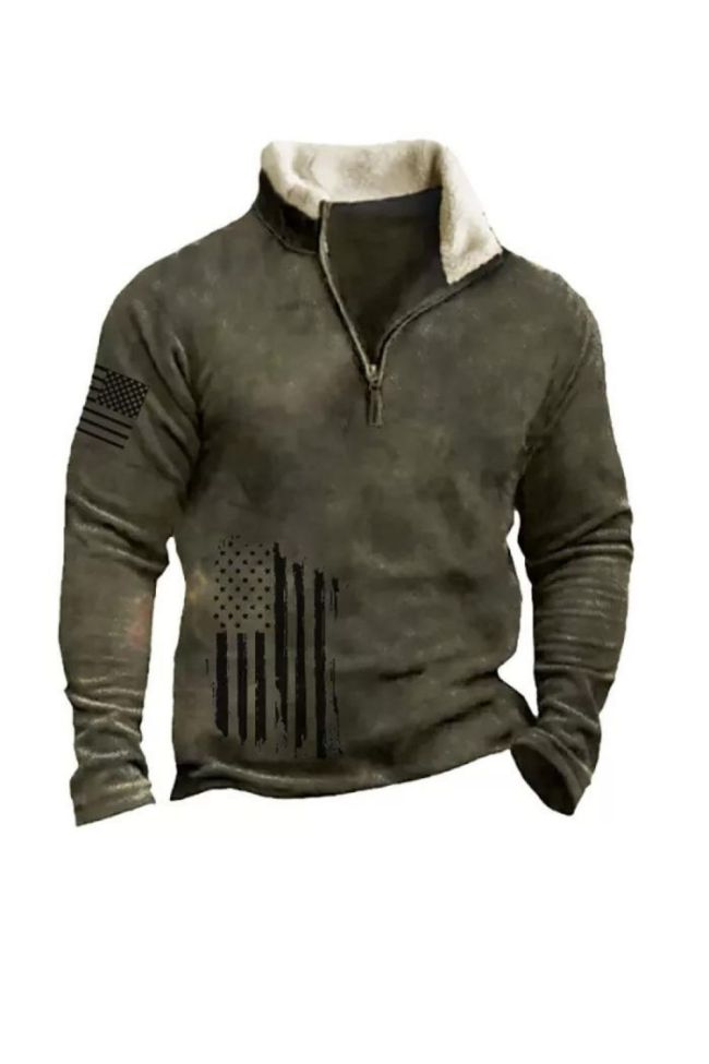 Men's Retro Flag Print Zipper Sherpa Stand Collar Sweatshirt